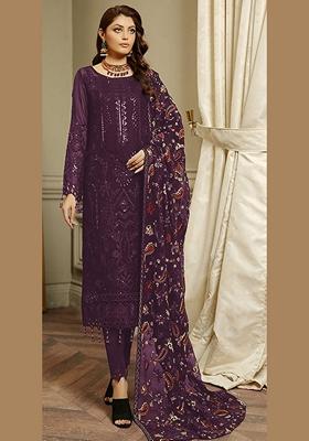 Wine Embroidered Faux Georgette Kurta Set
