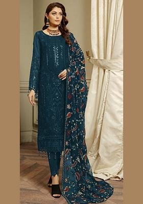 Teal Embroidered Faux Georgette Kurta Set