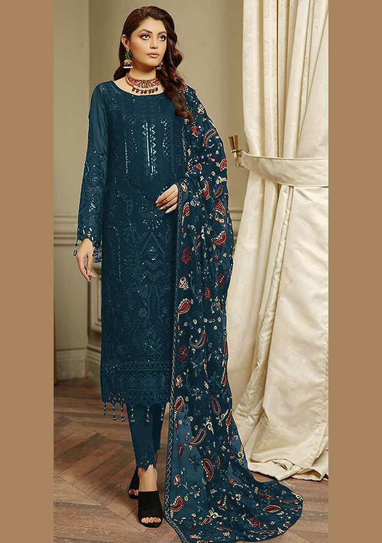 Teal Embroidered Faux Georgette Kurta Set - Indya