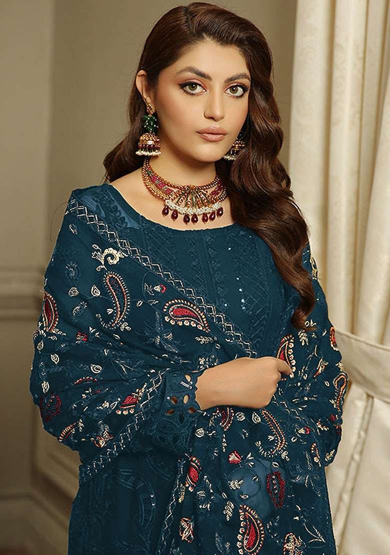 Teal Embroidered Faux Georgette Kurta Set - Indya