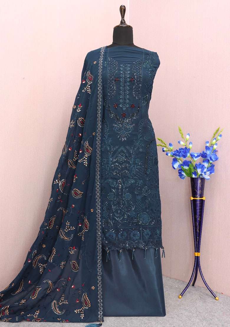 Teal Embroidered Faux Georgette Kurta Set - Indya