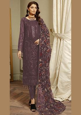 Purple Embroidered Faux Georgette Kurta Set
