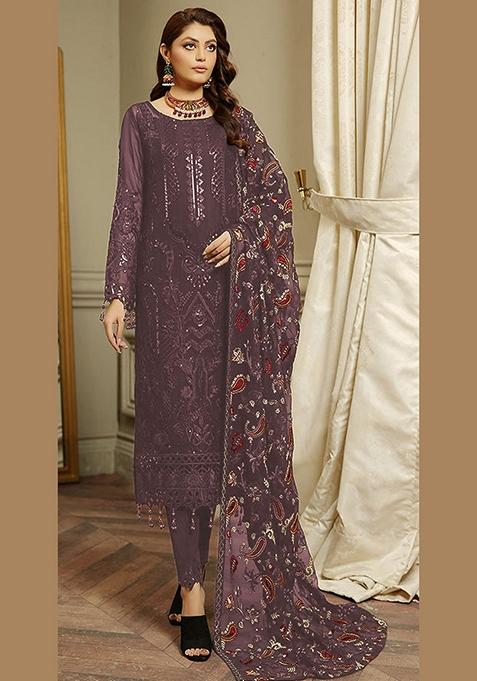 Purple Embroidered Faux Georgette Kurta Set