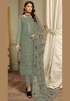Light Green Embroidered Faux Georgette Kurta Set