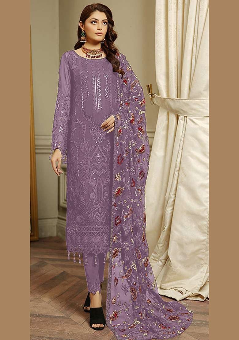 Lavender Embroidered Faux Blooming Pakistani Suit Set - Indya