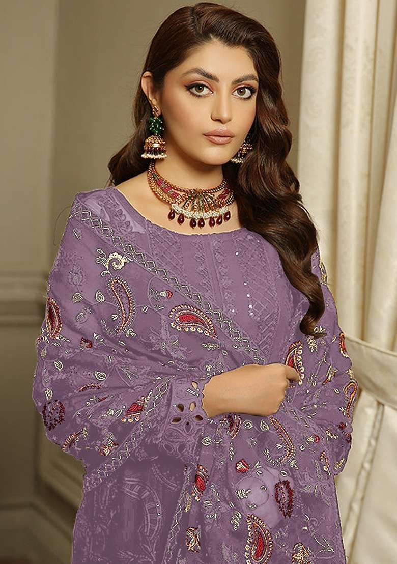 Lavender Embroidered Faux Blooming Pakistani Suit Set - Indya