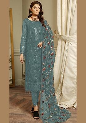 Grey Embroidered Faux Georgette Kurta Set