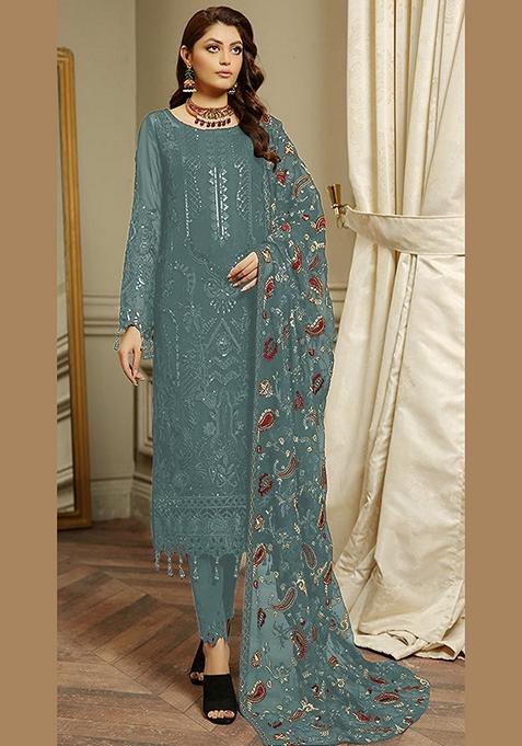 Grey Embroidered Faux Georgette Kurta Set
