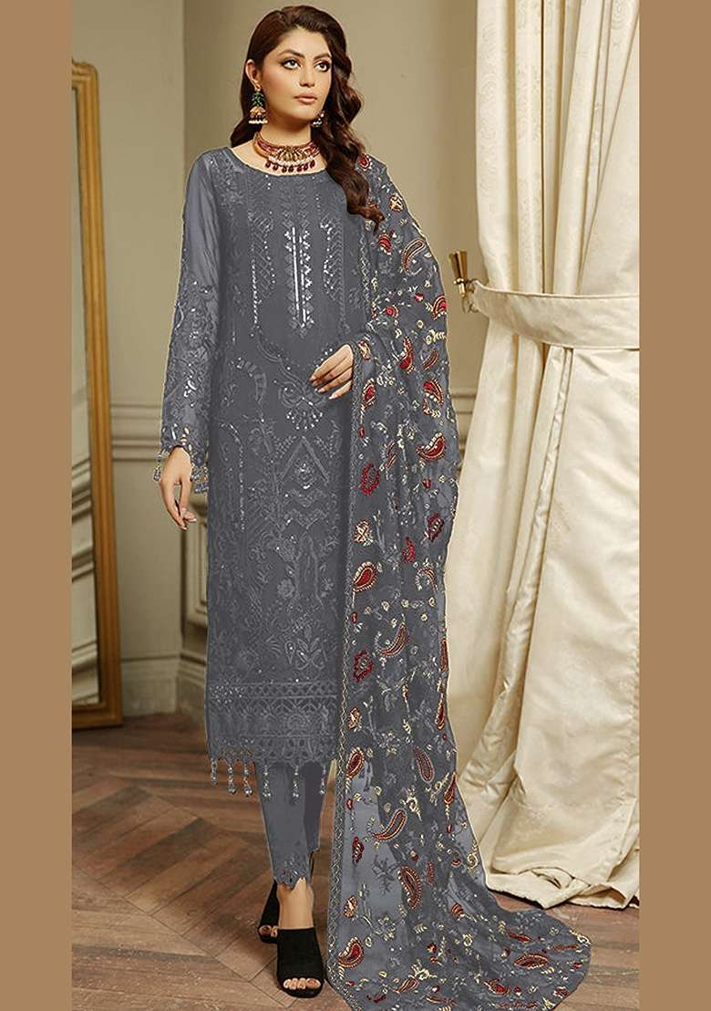 Dark Grey Embroidered Faux Georgette Kurta Set - Indya