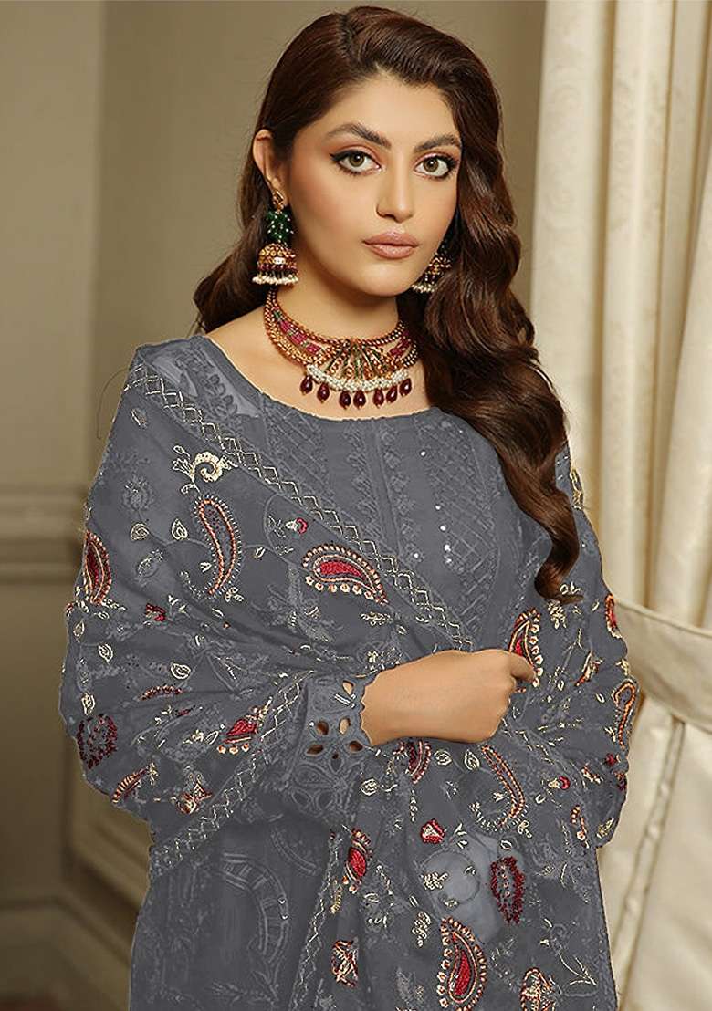 Dark Grey Embroidered Faux Georgette Kurta Set - Indya