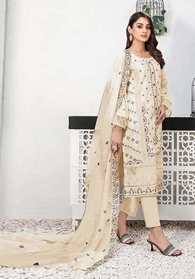 Cream Embroidered Faux Georgette Kurta Set