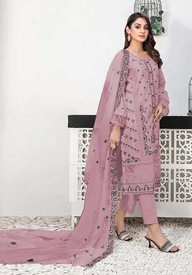 Purple Embroidered Faux Georgette Kurta Set