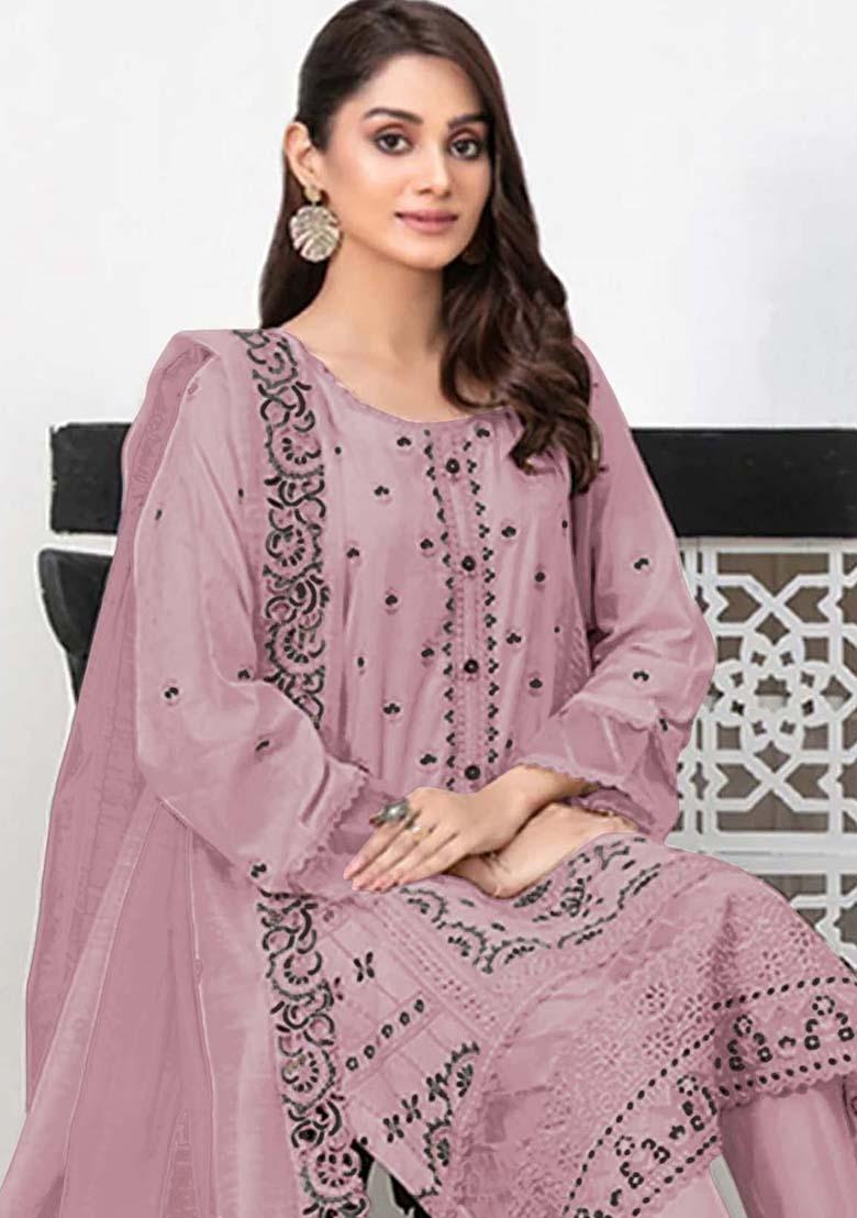 Purple Embroidered Faux Georgette Kurta Set