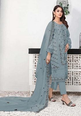 Grey Embroidered Faux Georgette Kurta Set