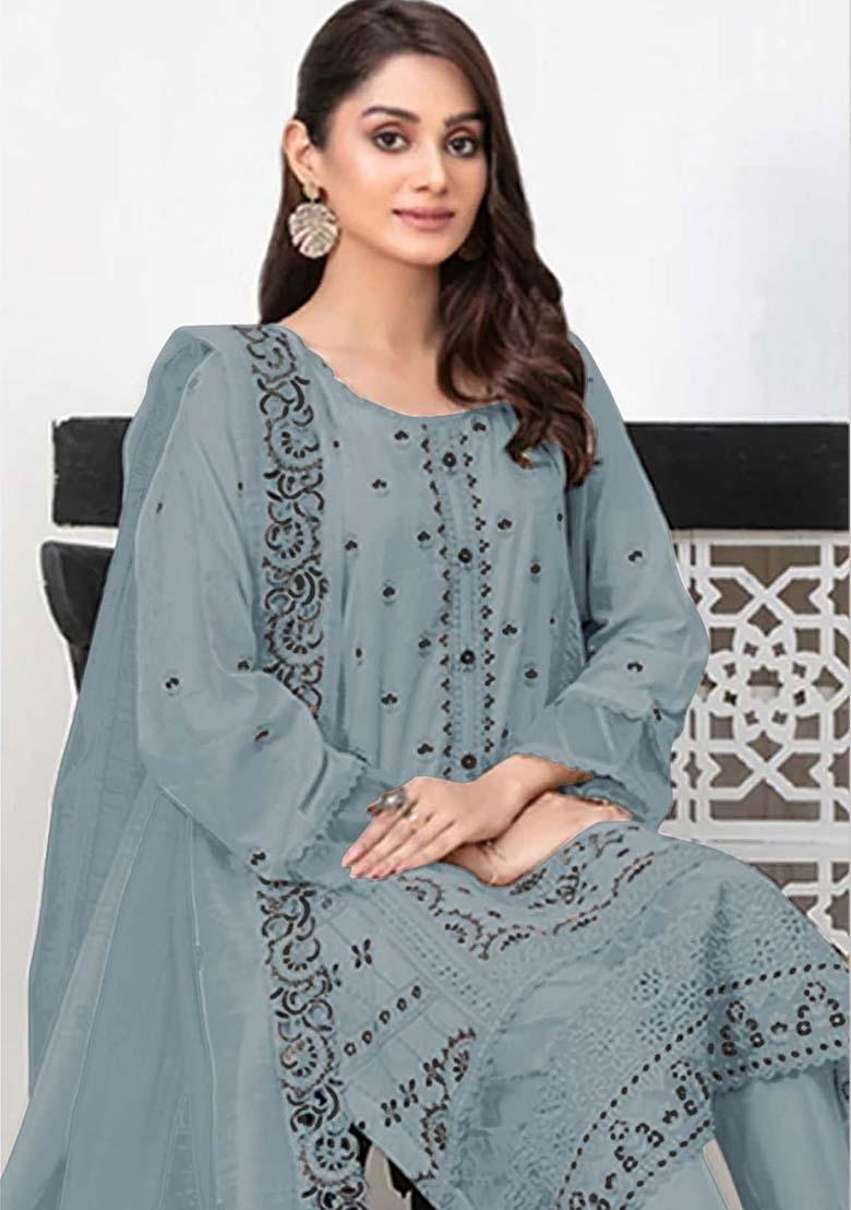 Grey Embroidered Faux Georgette Kurta Set