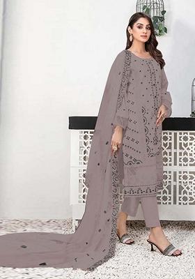 Grey Embroidered Faux Georgette Kurta Set