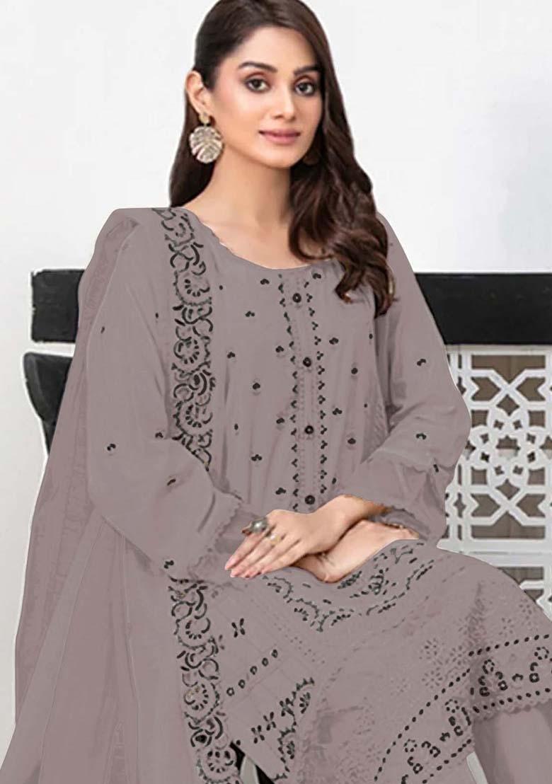 Grey Embroidered Faux Georgette Kurta Set