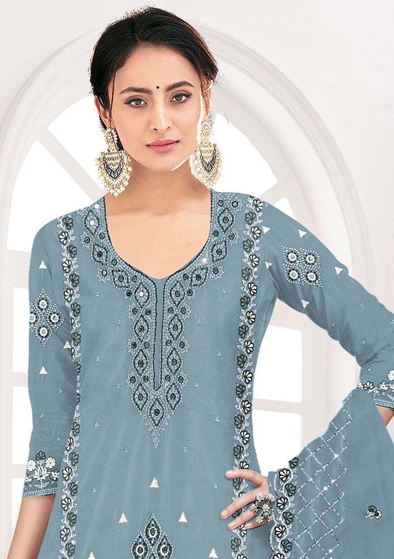 Grey Embroidered Faux Georgette Kurta Set