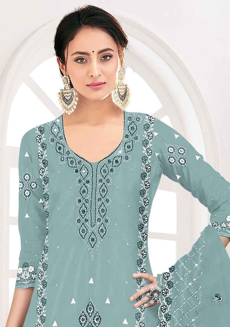 Light Grey Embroidered Faux Georgette Kurta Set