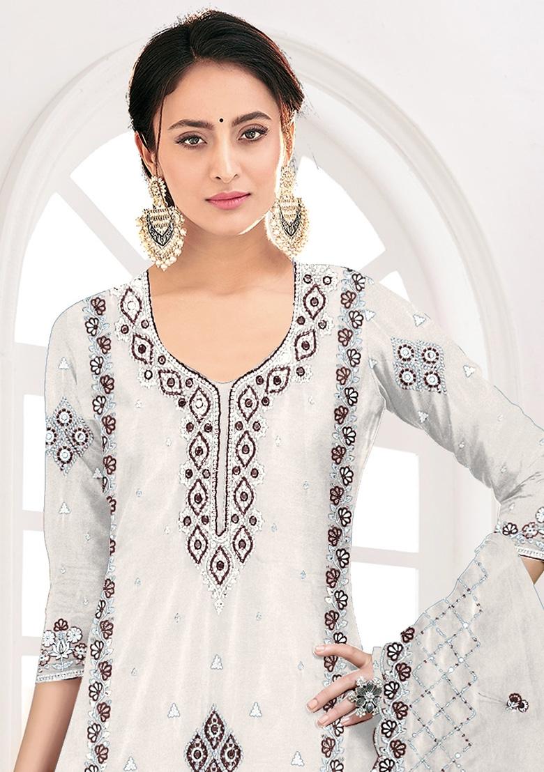 White Embroidered Faux Georgette Kurta Set