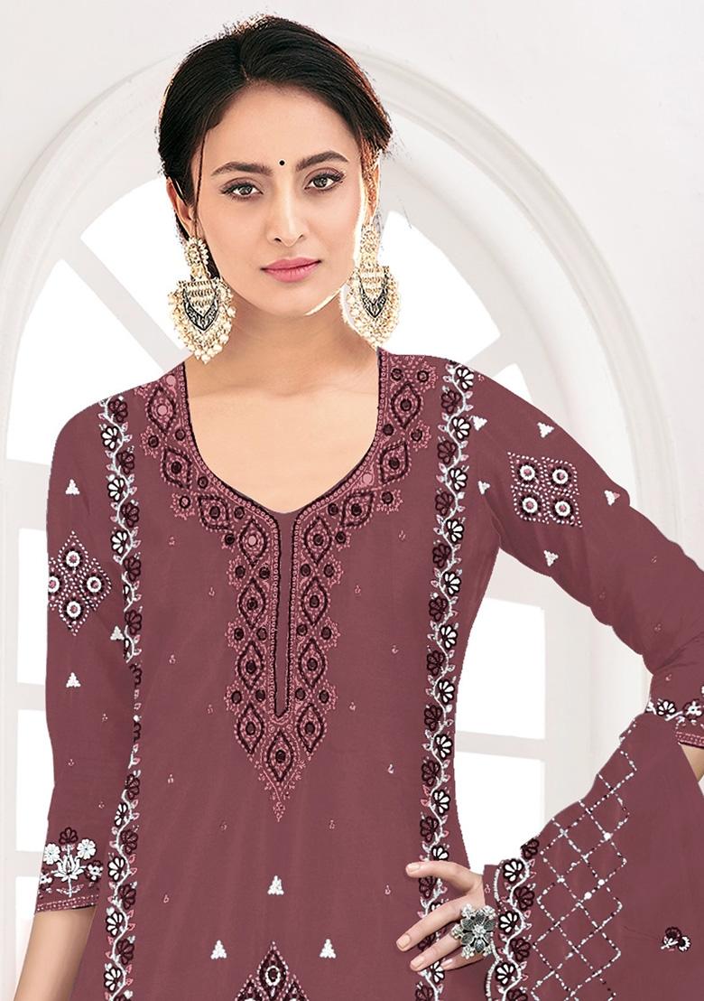 Purple Embroidered Faux Georgette Kurta Set