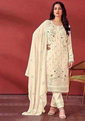 Cream Embroidered Faux Georgette Kurta Set
