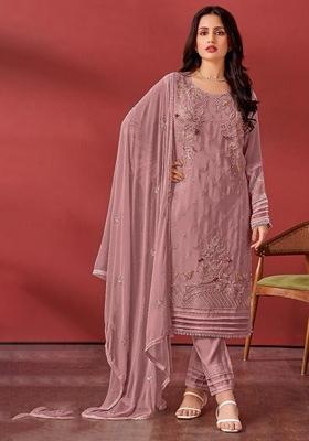 Purple Embroidered Faux Georgette Kurta Set