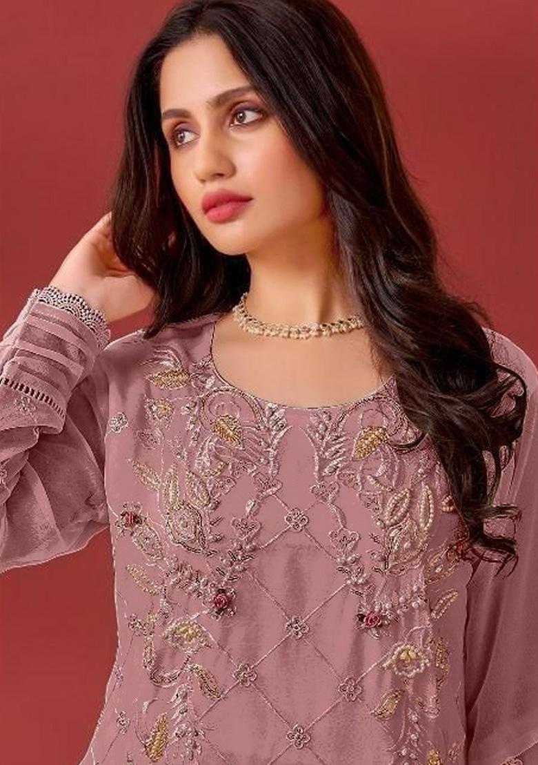 Purple Embroidered Faux Georgette Kurta Set
