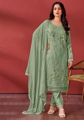 Light Green Embroidered Faux Georgette Kurta Set