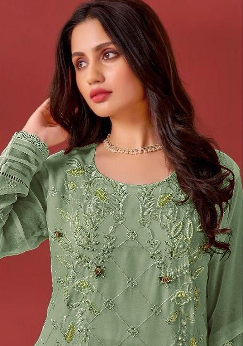 Light Green Embroidered Faux Georgette Kurta Set
