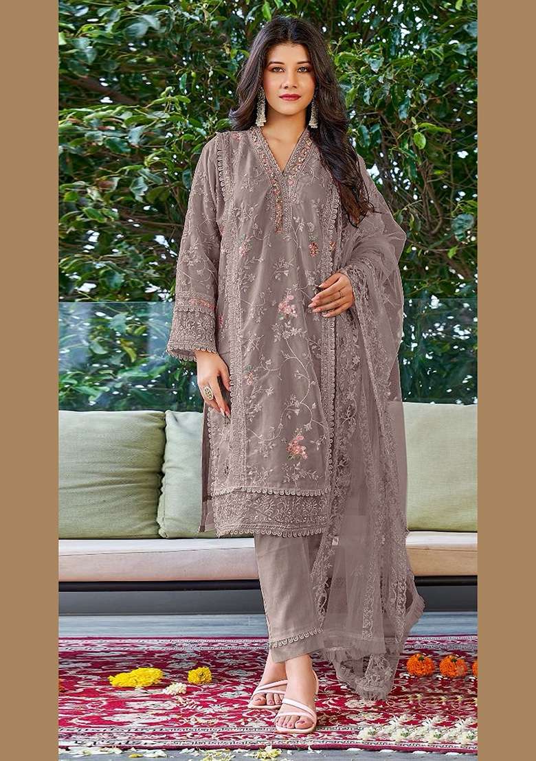 Grey Embroidered Faux Georgette Kurta Set - Indya