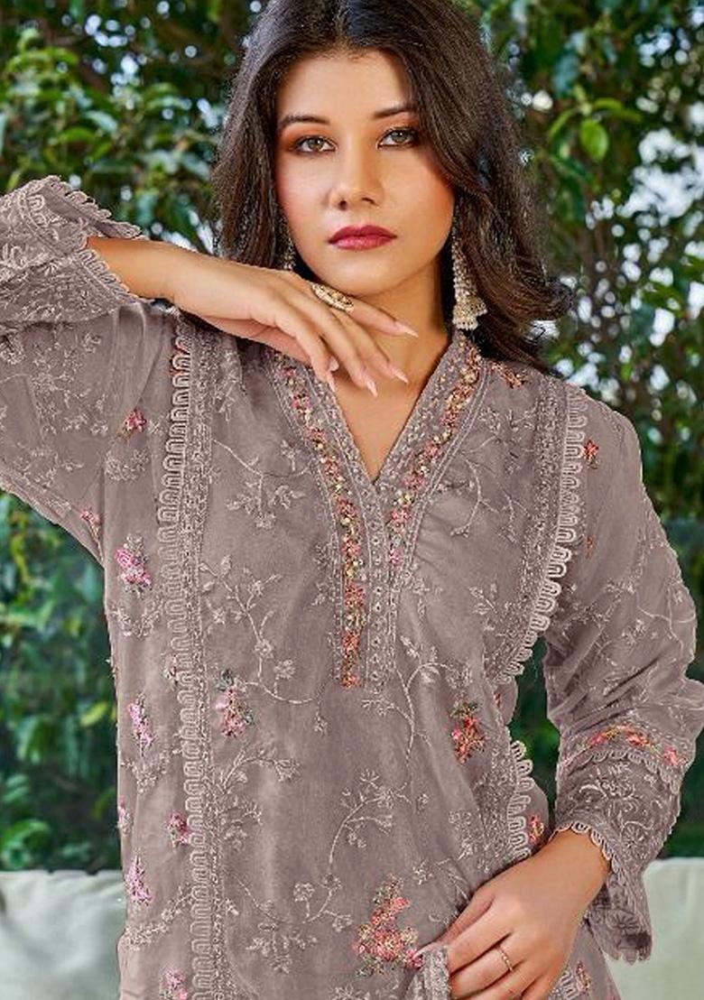 Grey Embroidered Faux Georgette Kurta Set