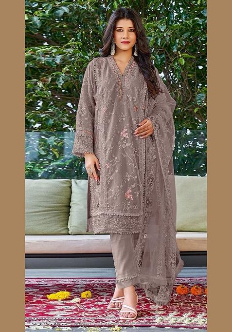 Grey Embroidered Faux Georgette Kurta Set