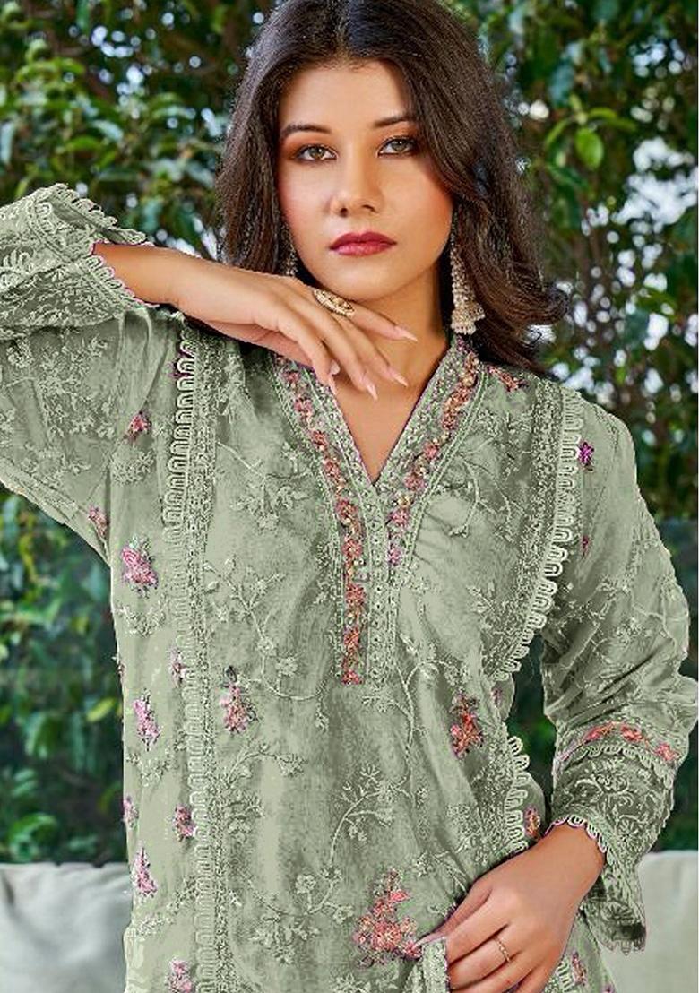Light Green Embroidered Faux Georgette Kurta Set