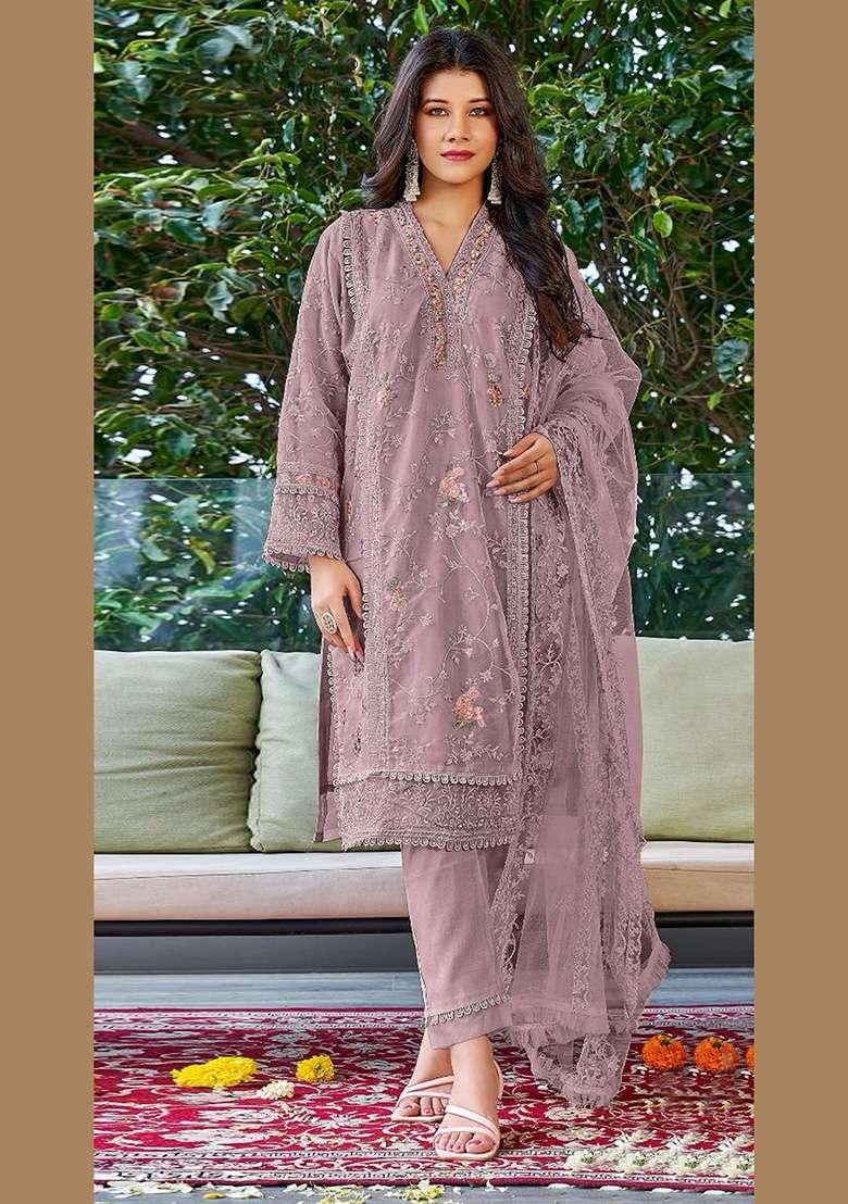 Purple Embroidered Faux Georgette Kurta Set - Indya