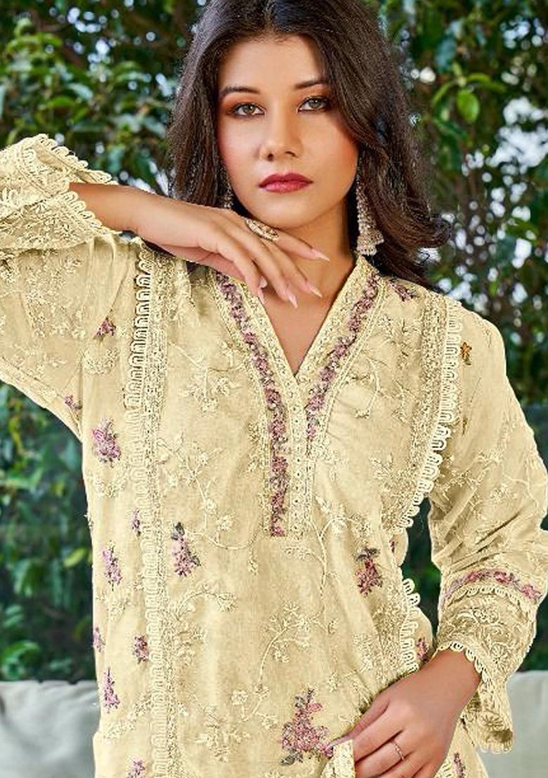 Yellow Embroidered Faux Georgette Kurta Set