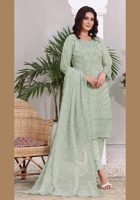 Light Green Embroidered Faux Georgette Kurta Set