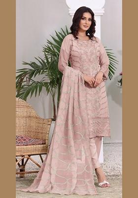 Peach Embroidered Faux Georgette Kurta Set