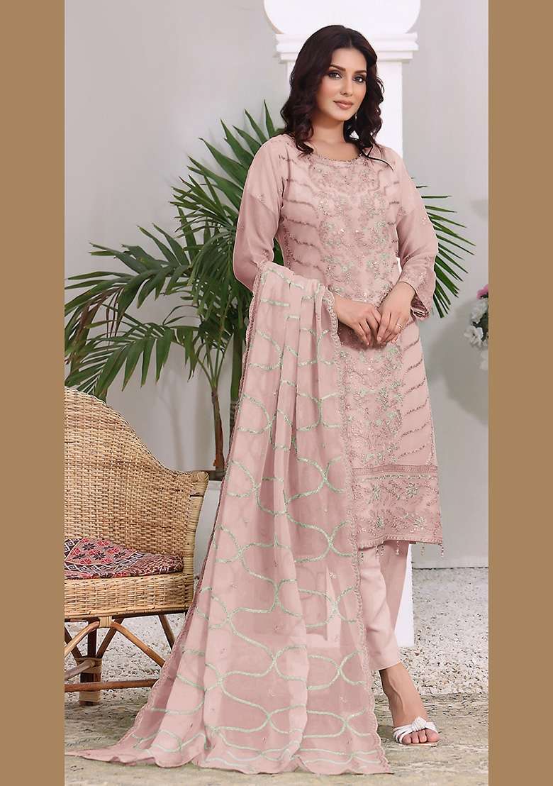 Peach Embroidered Faux Georgette Kurta Set - Indya