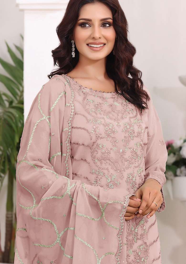 Peach Embroidered Faux Georgette Kurta Set - Indya