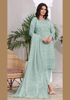 Sky Blue Embroidered Faux Georgette Kurta Set
