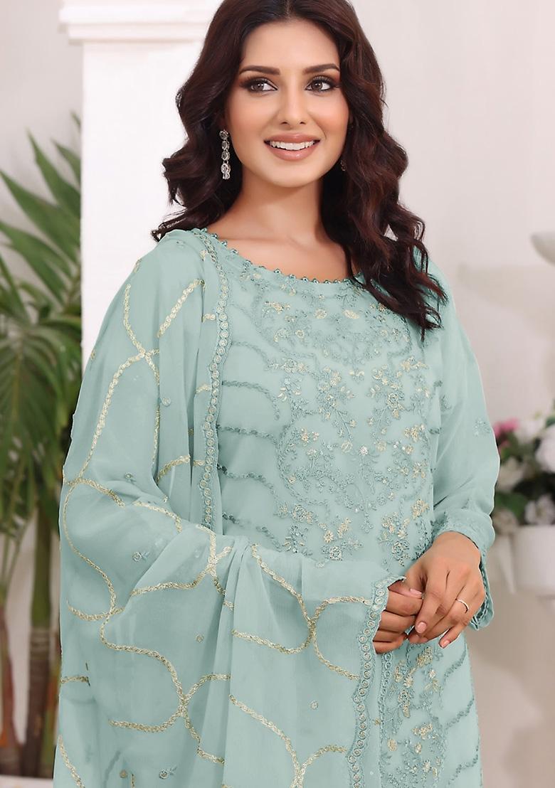 Sky Blue Embroidered Faux Georgette Kurta Set