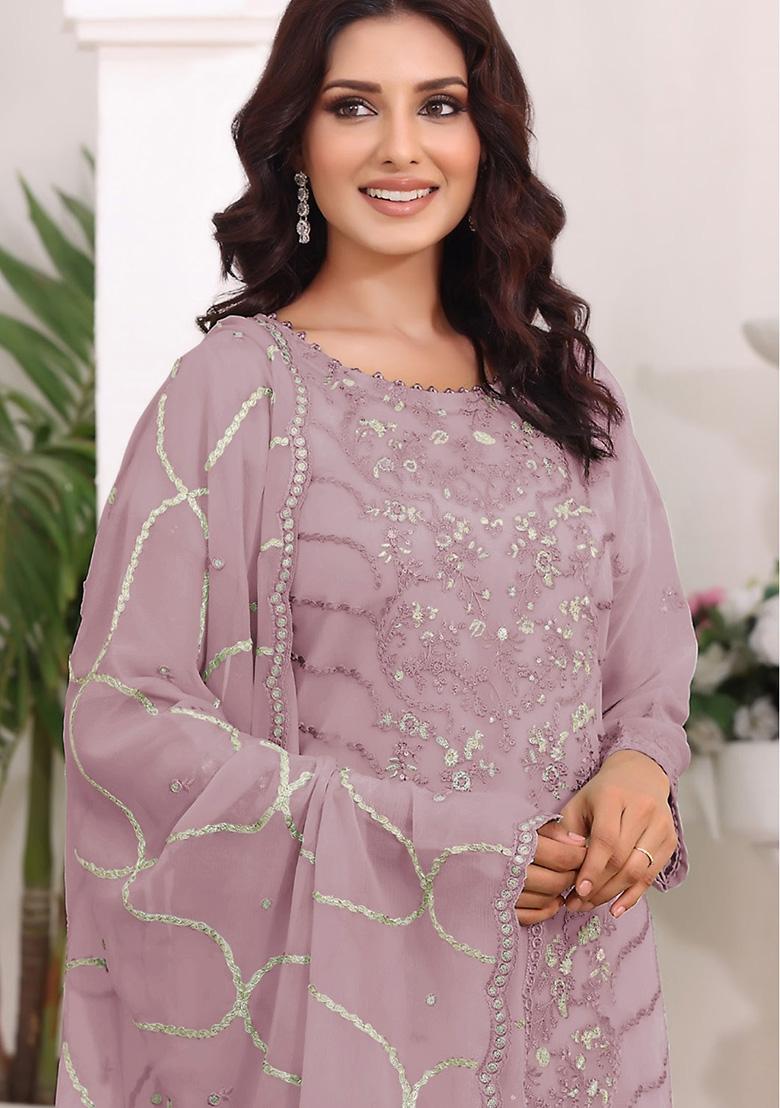 Purple Embroidered Faux Georgette Kurta Set