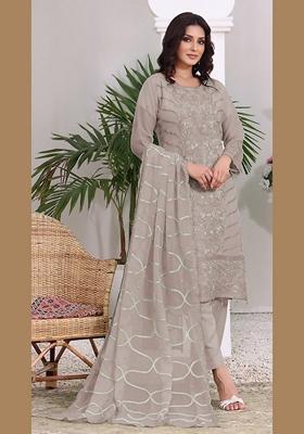 Grey Embroidered Faux Georgette Kurta Set