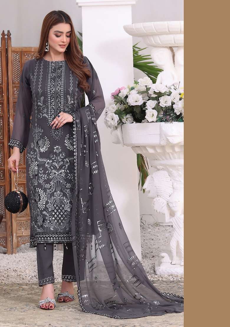 Dark Grey Embroidered Faux Georgette Kurta Set - Indya