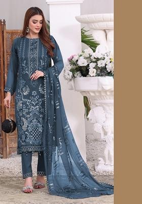Teal Embroidered Faux Georgette Kurta Set