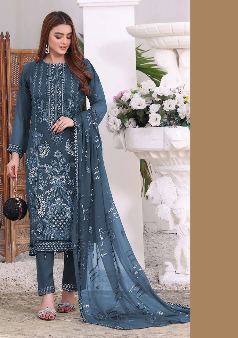 Teal Embroidered Faux Georgette Kurta Set - Indya