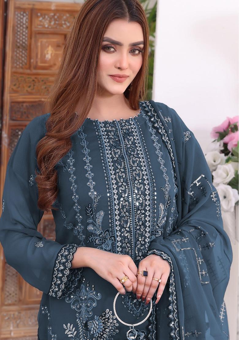 Teal Embroidered Faux Georgette Kurta Set