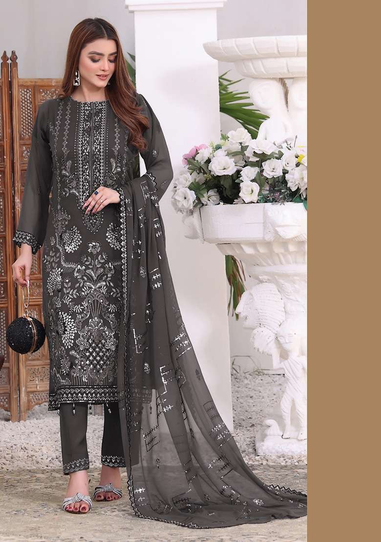 Dark Grey Embroidered Faux Georgette Kurta Set - Indya