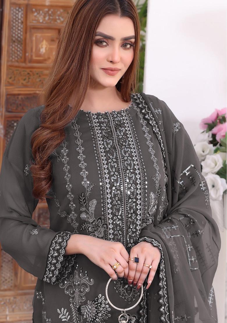 Dark Grey Embroidered Faux Georgette Kurta Set